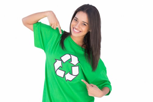 A young woman with long dark hair and a bright smile is standing against a plain white background, wearing a loose-fitting green T-shirt featuring a large white recycling symbol on the front. She is pointing with her left index finger towards the recycling logo while her right hand is raised, with her thumb pointing downwards, indicating a positive attitude towards waste recycling. Her expression appears friendly and confident, and the overall image emphasizes environmental awareness and waste separation, aligning with rubbish removal and recycling services offered by companies like Office Clearance Mottingham in the UK. The simplicity of the background and focus on the woman and the recycling logo create a clear, neutral image suitable for accessibility and SEO considerations related to environmentally responsible rubbish disposal services in the Nottingham area.